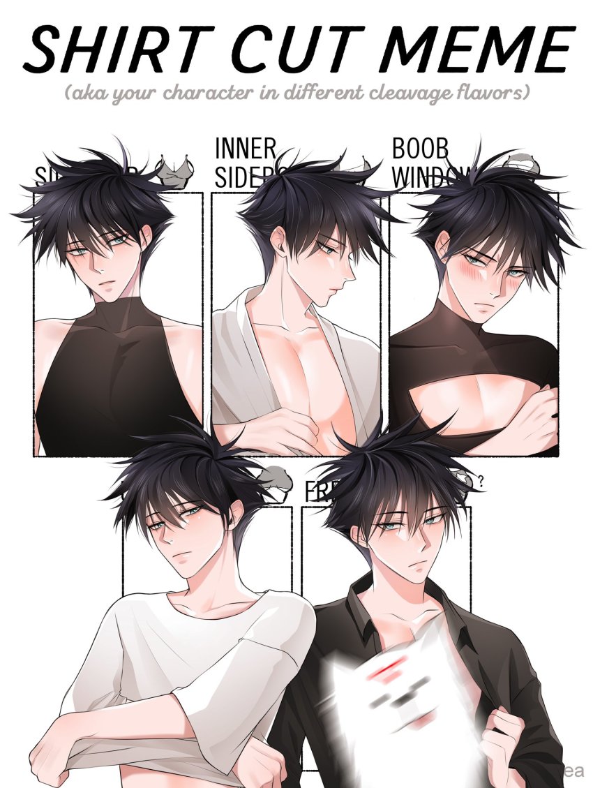 1boy bare_shoulders black_hair black_shirt blush cleavage_cutout closed_mouth clothing_cutout collarbone dog fushiguro_megumi green_eyes hair_between_eyes highres jujutsu_kaisen lifting_own_clothes male_focus meme multiple_drawing_challenge parted_lips pectorals shirt shirt_cut_meme short_hair spiked_hair white_shirt z0umu