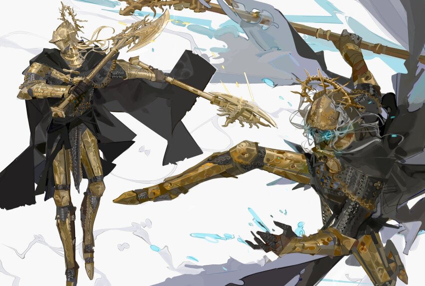 2boys absurdres armor axe battle_axe black_cape blonde_hair cape dual_wielding elden_ring elden_ring:_shadow_of_the_erdtree full_armor gauntlets gold_armor greaves grey_hair helm helmet highres holding holding_axe holding_weapon knight long_hair mask multiple_boys multiple_views nslacka pauldrons plume shoulder_armor skull_mask weapon