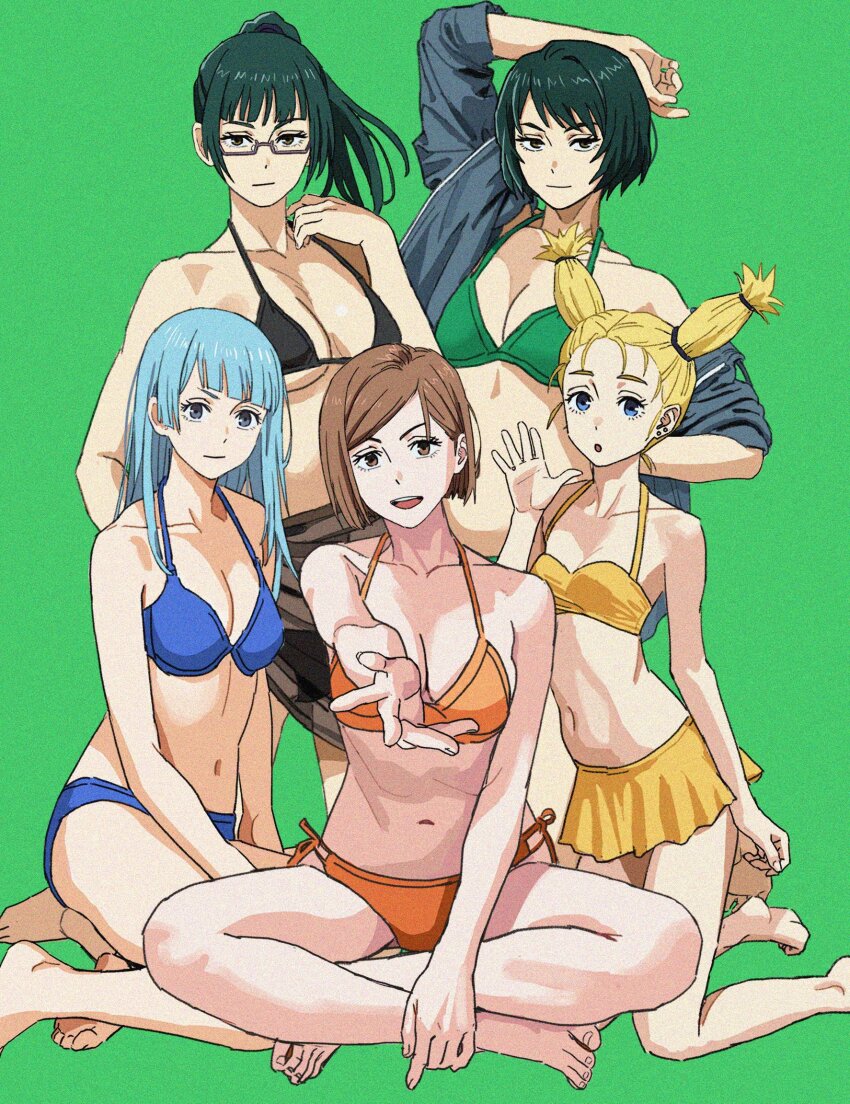 5girls bikini blonde_hair blue_hair breasts brown_hair character_request glasses green_background high_ponytail highres hime_cut jacket jujutsu_kaisen kugisaki_nobara long_hair looking_at_viewer miwa_kasumi multiple_girls navel nishimiya_momo open_clothes open_jacket shiren_(ourboy83) short_hair simple_background sitting string_bikini swimsuit zen&#039;in_maki zenin_mai