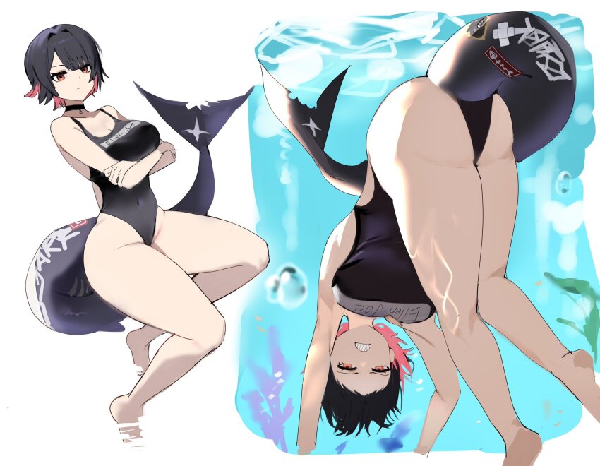 1girl air_bubble annoyed ass black_hair breasts bubble clenched_teeth closed_mouth colored_inner_hair covered_navel crossed_arms ellen_joe fins fish_tail hair_between_eyes highres hsk10107 large_breasts looking_at_viewer multicolored_hair multiple_views red_eyes red_hair seaweed shark_girl shark_tail short_hair sidelocks simple_background swimsuit tail teeth thighs two-tone_hair underwater upside-down water zenless_zone_zero