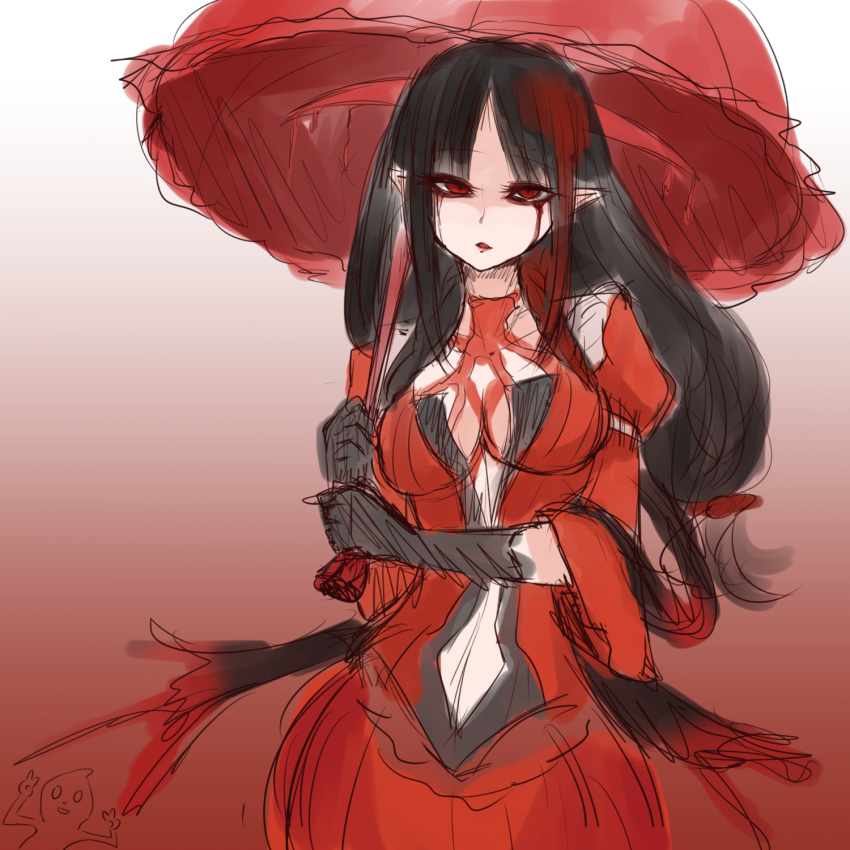 1girl black_hair bloodless_(bloodstained) bloodstained_(series) breasts cleavage dress highres large_breasts long_hair looking_at_viewer red_dress red_eyes