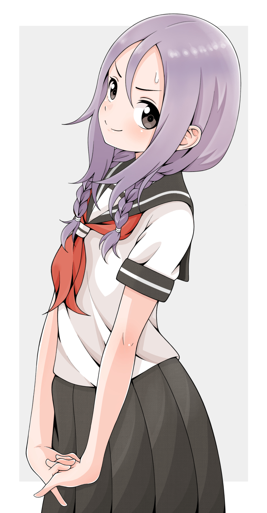 1girl absurdres black_sailor_collar black_skirt braid brown_eyes closed_mouth grey_background highres ito_kashiwamochi looking_at_viewer medium_hair neckerchief pleated_skirt purple_hair red_neckerchief sailor_collar school_uniform serafuku short_sleeves simple_background skirt smile solo soredemo_ayumu_wa_yosetekuru twin_braids yaotome_urushi