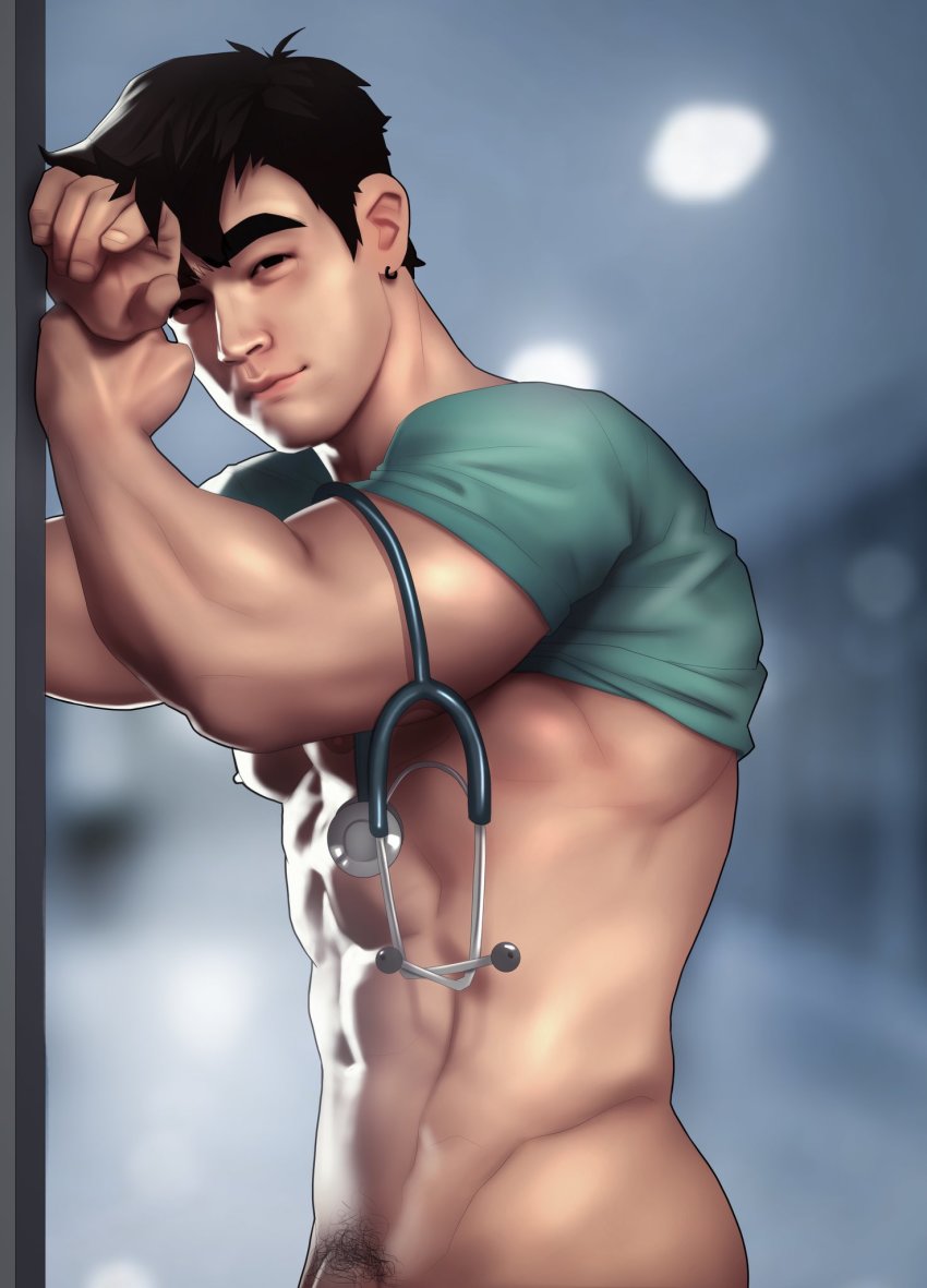 1boy abs aqua_shirt ass bara bare_pectorals black_hair blurry blurry_background bottomless closed_mouth clothes_lift doctor earrings hand_on_wall highres indoors jewelry large_pectorals looking_at_viewer male_focus male_pubic_hair muscular muscular_male naked_shirt navel nerdyart1 nipples no_male_underwear original pectorals pubic_hair shirt shirt_lift short_hair solo stethoscope thick_eyebrows upper_body