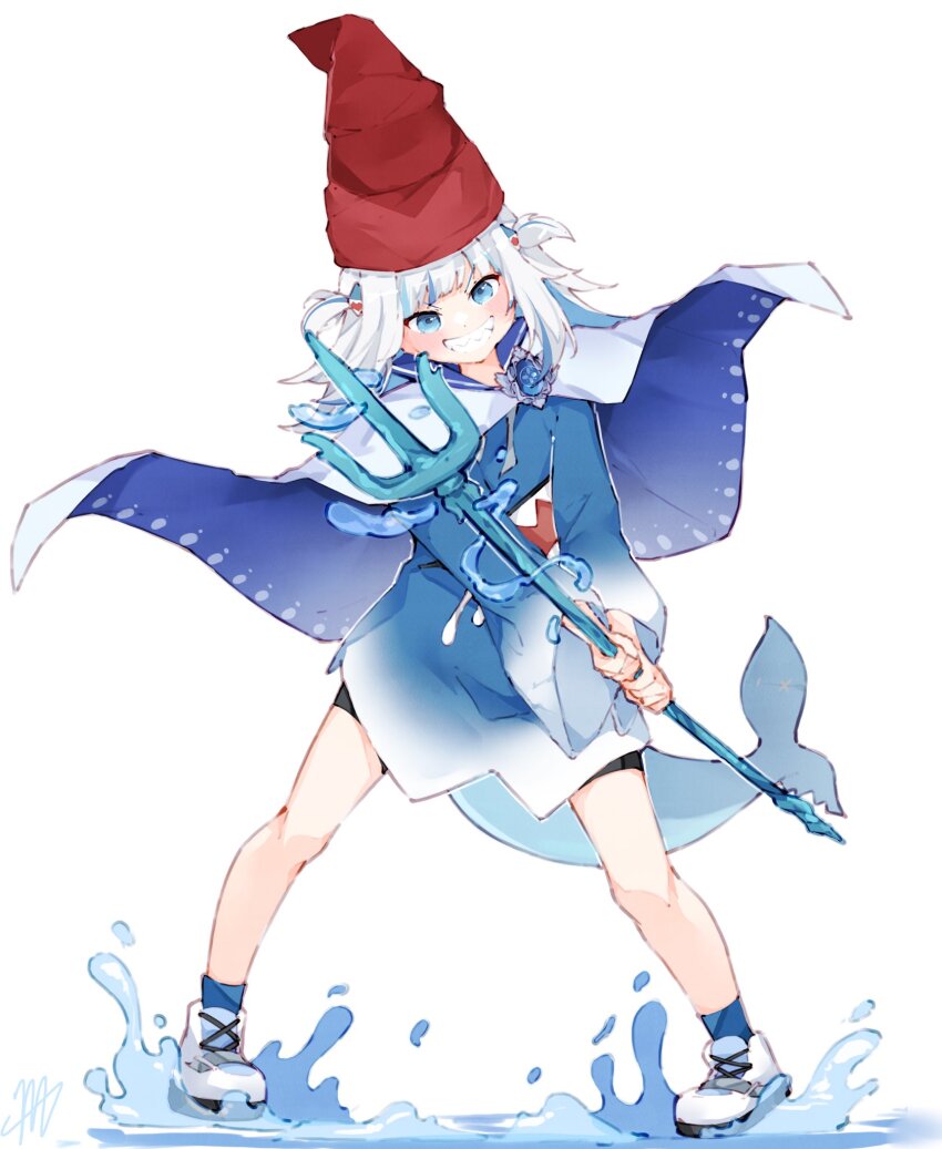 1girl animal_costume artist_name black_shorts blue_cape blue_eyes blue_hair blue_hoodie blue_socks blunt_bangs blush cape commentary drawstring enigmatic_recollection fins fish_tail gawr_gura gawr_gura_(1st_costume) gradient_clothes grin hair_ornament hat highres holding_trident hololive hololive_english hood hoodie long_sleeves looking_at_viewer ma_draws medium_hair multicolored_hair pointy_hat polearm red_hat shark_costume shark_girl shark_hair_ornament shark_tail sharp_teeth shoes short_shorts shorts sidelocks signature simple_background smile socks solo standing streaked_hair symbol-only_commentary tail teeth trident two-sided_cape two-sided_fabric two_side_up v-shaped_eyebrows virtual_youtuber water weapon white_background white_cape white_footwear white_hair wide_sleeves