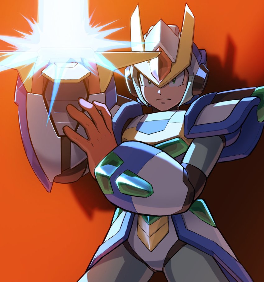 1boy android arm_cannon armor blade_armor_x_(mega_man) closed_mouth commentary_request energy gloves glowing green_eyes hand_on_own_arm hand_up helmet highres hoshi_mikan male_focus mega_man_(series) mega_man_x6 mega_man_x_(series) red_background red_gloves robot_ears serious shadow shoulder_armor simple_background solo standing weapon x_(mega_man)