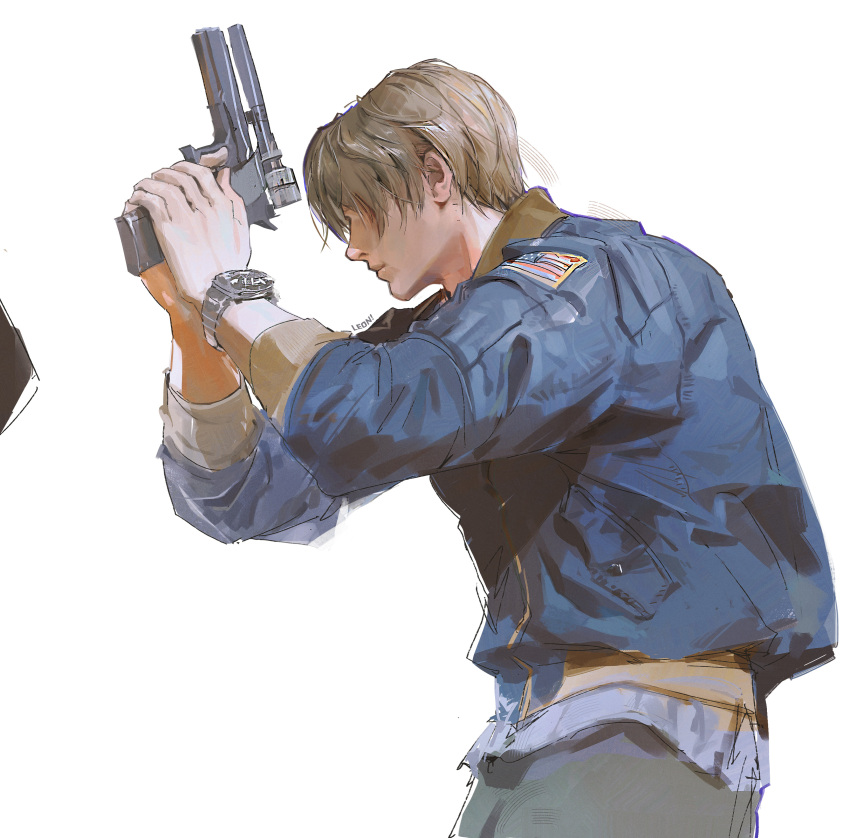 1boy absurdres amt_hardballer amt_hardballer_longslide arms_up black_pants blonde_hair blue_jacket closed_mouth cowboy_shot gun handgun highres holding holding_gun holding_weapon jacket leon_s._kennedy liyuliyuzhou long_sleeves m1911 male_focus pants profile resident_evil resident_evil_2 resident_evil_2_(remake) short_hair simple_background sketch solo standing watch weapon white_background wristwatch