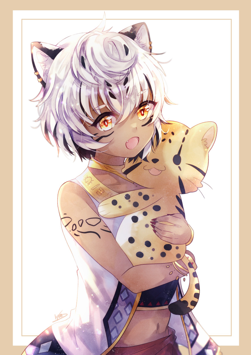 1boy absurdres animal_ears black_hair bracelet cat_boy cat_ears cat_tail dark_skin facial_mark fang highres hiyono_soradori hug hugging_object indie_virtual_youtuber jewelry mihos_(vtuber) multicolored_hair nail_(hardware) nail_polish navel ocelot open_mouth red_nails simple_background stuffed_animal stuffed_toy tail tattoo virtual_youtuber whisker_markings white_hair yellow_eyes