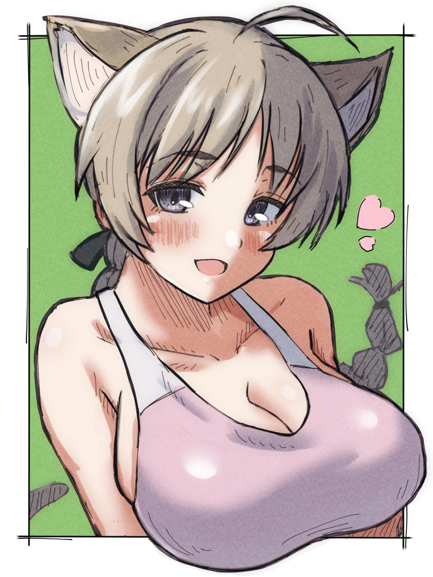 1girl absurdres ahoge animal_ears blush braid breasts cat_ears cat_girl cleavage collarbone green_background heart highres large_breasts light_brown_hair long_hair looking_at_viewer lynette_bishop open_mouth purple_eyes simple_background smile solo sports_bra strike_witches tama_kitsune world_witches_series