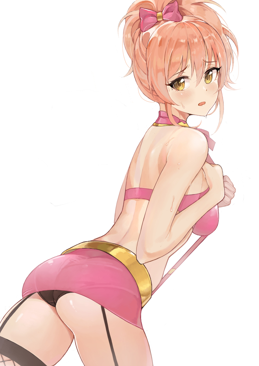 1girl absurdres ame_(uten_cancel) ass back bare_arms bare_shoulders bikini bikini_top_only black_panties brown_eyes brown_hair commentary_request garter_straps hair_ribbon highres idolmaster idolmaster_cinderella_girls jougasaki_mika looking_at_viewer miniskirt open_mouth panties pantylines photoshop_(medium) ribbon skirt solo sweat swimsuit thighhighs thighs tokimeki_escalate_(idolmaster) underwear