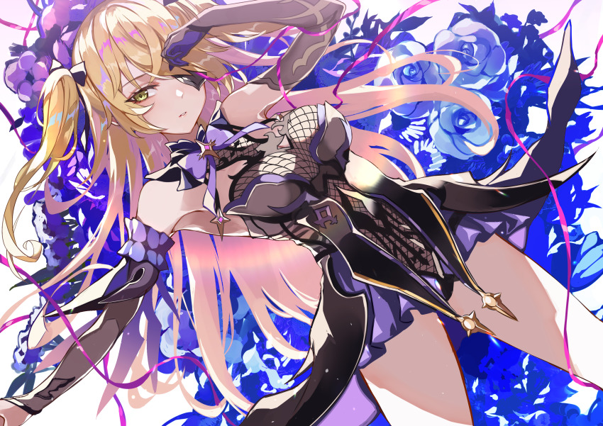 1girl absurdres bare_shoulders black_ribbon blonde_hair blush bow bowtie breasts collar dress eyepatch fischl_(genshin_impact) genshin_impact gloves green_eyes hair_over_one_eye hair_ribbon highres long_hair looking_at_viewer medium_breasts purple_bow purple_bowtie purple_ribbon ribbon sas_(ls08b) solo tailcoat two_side_up