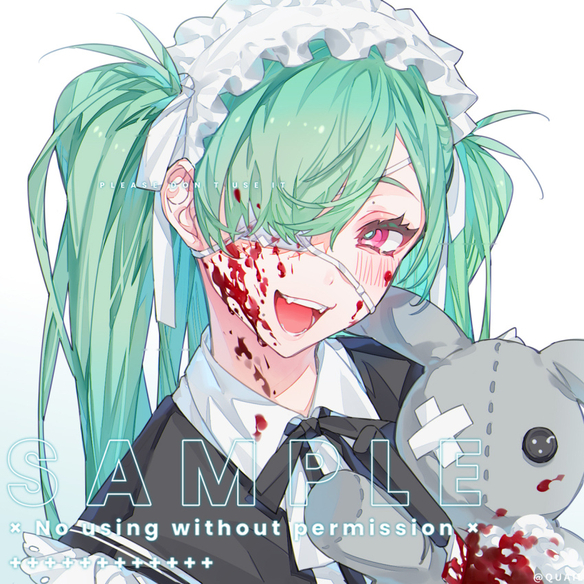 anchun_(quail0503) black_ribbon black_vest blood blood_on_cheek blood_on_clothes blood_on_face blood_on_neck blood_on_toy button_eyes buttons chinese_commentary collar commentary commission english_text eyepatch fluff frilled_headwear frilled_sleeves frills green_hair green_pupils hair_over_one_eye highres knife long_bangs long_hair looking_at_viewer looking_to_the_side maid_headdress medical_eyepatch mole mole_above_eye neck_ribbon open_mouth original parted_bangs pink_eyes raised_eyebrow ribbon sample_watermark smile stitches stuffed_animal stuffed_toy twintails upper_body vest watermark white_background white_collar yandere