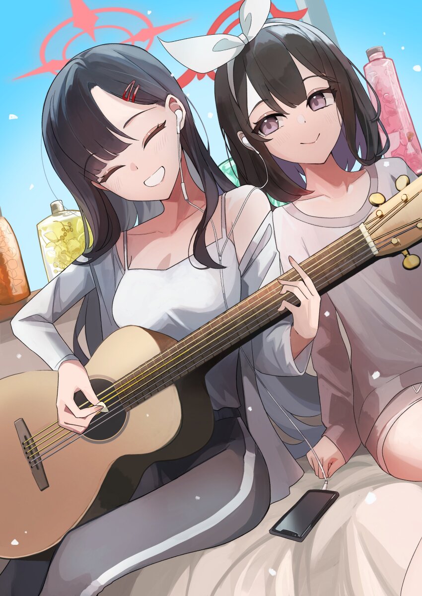 2girls :&gt; absurdres acoustic_guitar alternate_costume blue_archive blue_sky blush cellphone closed_eyes clothes_lift collarbone drink earphones guitar hair_between_eyes hair_ornament hairpin halo highres holding holding_guitar holding_instrument ichika_(blue_archive) in-ear_earphones instrument iwahada jacket long_hair mashiro_(blue_archive) multiple_girls off_shoulder on_bed pants parted_bangs phone pink_eyes plectrum shared_earphones shirt_lift short_shorts shorts sitting sky sleeves_past_wrists smartphone smile striped_clothes striped_pants sweatpants