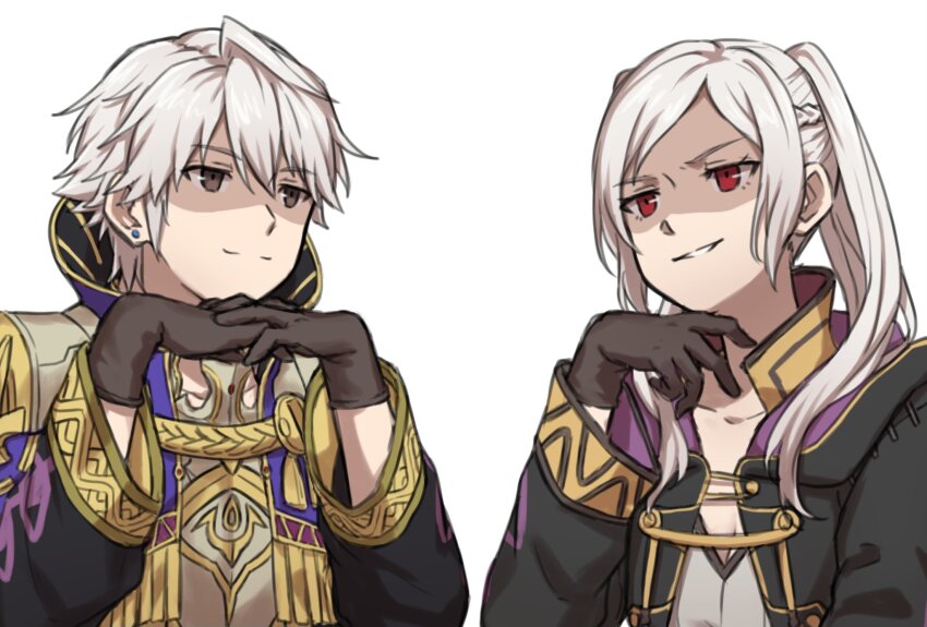 1boy 1girl black_robe breasts brown_eyes cleavage dual_persona earrings eyes_of_grima fire_emblem fire_emblem_awakening fire_emblem_heroes gendou_pose gloves hair_between_eyes hands_clasped highres hood jewelry long_hair long_sleeves looking_at_another nintendo official_alternate_costume own_hands_clasped own_hands_together parted_lips red_eyes robe robin_(female)_(fire_emblem) robin_(fire_emblem) robin_(male)_(exalt&#039;s_other_half)_(fire_emblem) shaded_face short_hair simple_background smile smirk stud_earrings twintails upper_body white_background white_hair zuzu_(ywpd8853)