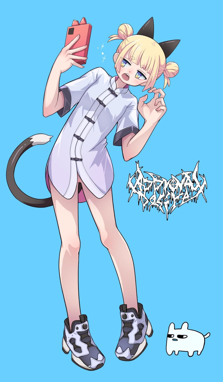 1girl absurdres animal_ears blonde_hair blue_background blue_eyes bottomless cat_ears cat_girl cat_tail cellphone chinese_clothes claw_pose creature double_bun full_body hair_bun highres holding holding_phone open_mouth original phone pussy sharp_teeth shibata_ico shoes simple_background smartphone sneakers solo tail tangzhuang teeth