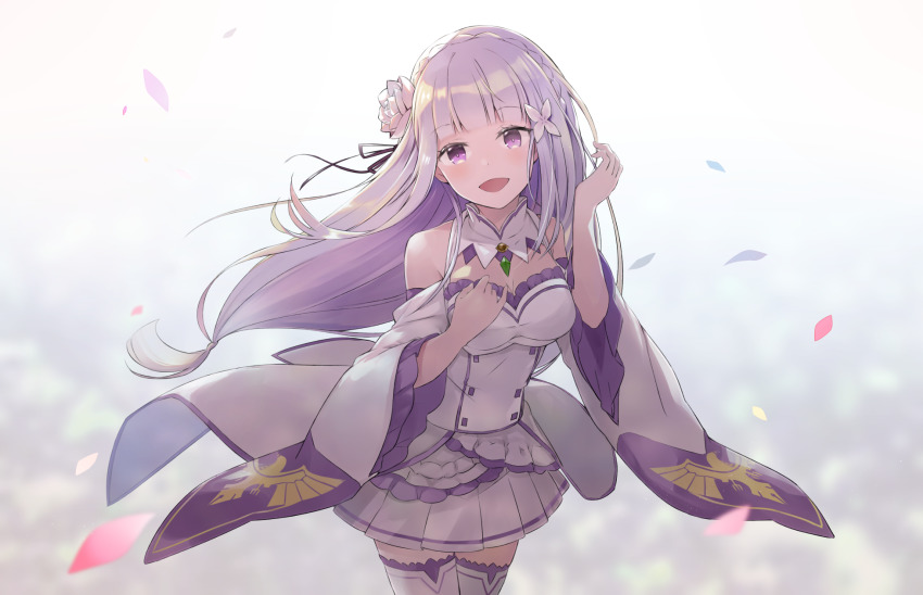 1girl :d bare_shoulders blush braid breasts cleavage collar commentary_request crown_braid detached_collar detached_sleeves emilia_(re:zero) flower hair_flower hair_ornament hands_up highres kyomu_(kyomu_lwl) long_hair long_sleeves looking_at_viewer medium_breasts open_mouth petals pleated_skirt purple_eyes purple_hair re:zero_kara_hajimeru_isekai_seikatsu rose shirt skirt smile solo strapless thighhighs very_long_hair white_collar white_flower white_rose white_shirt white_skirt white_sleeves white_thighhighs wide_sleeves