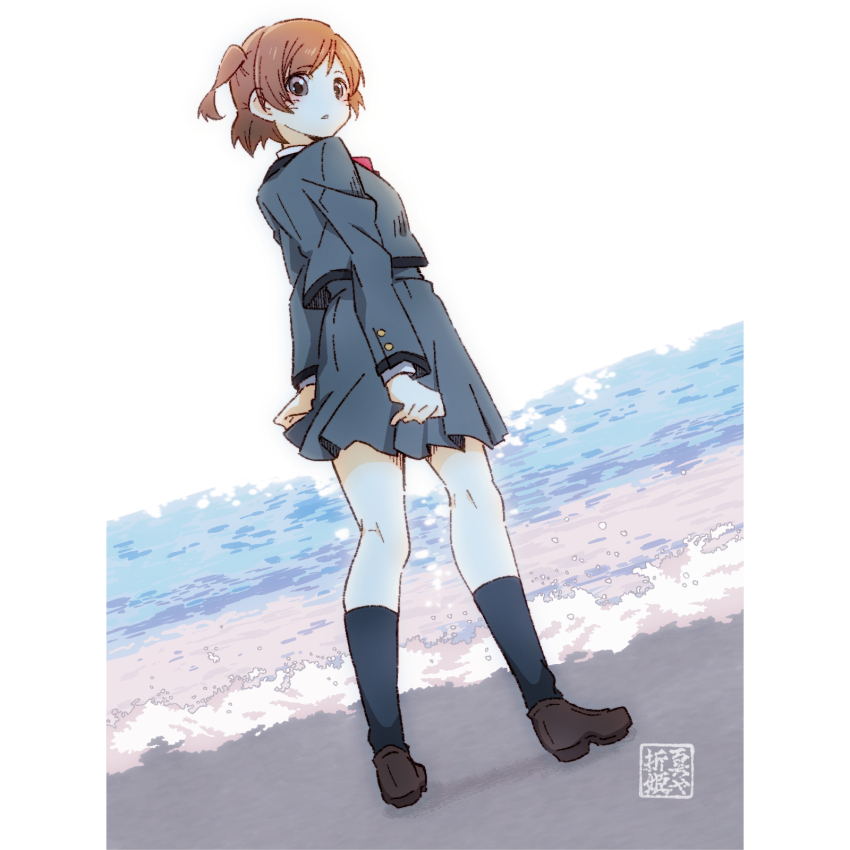 1girl aijou_karen arms_at_sides artist_name beach black_socks bow bowtie brown_footwear brown_hair commentary_request day dutch_angle from_behind full_body grey_eyes grey_jacket grey_skirt high-waist_skirt highres jacket kneehighs kneepits light_blush loafers long_sleeves looking_at_viewer looking_back miniskirt ocean oriotohime outdoors parted_lips pillarboxed red_bow red_bowtie school_uniform seishou_music_academy_uniform shoes short_hair shoujo_kageki_revue_starlight skirt socks solo standing two_side_up white_background