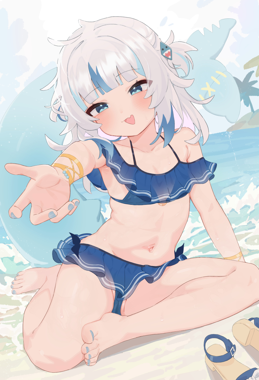 1girl absurdres beach bikini bikini_skirt blue_bikini blue_eyes blue_hair blue_nails blunt_bangs blush fang feet fins fish_tail fokkahim7 frilled_bikini frilled_bikini_top frills gawr_gura hair_ornament highres hololive hololive_english long_hair multicolored_hair nail_polish navel open_mouth outstretched_hand sandals shark_girl shark_tail skin_fang smile streaked_hair swimsuit tail toenail_polish toenails toes two_side_up unworn_sandals virtual_youtuber white_hair