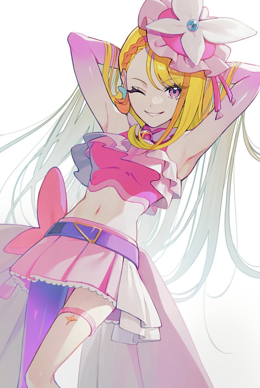 1girl belt_bow blonde_hair bow_skirt breasts brooch butterfly_brooch butterfly_hat butterfly_hat_ornament crop_top cure_butterfly earrings hat_ornament highres hirogaru_sky!_precure jewelry long_hair looking_at_viewer magical_girl midriff navel one_eye_closed overskirt pantyhose pink_skirt precure purple_eyes purple_pantyhose shirt single_leg_pantyhose skirt sleeveless small_breasts smile solo very_long_hair white_background wing_brooch yuzu_sato