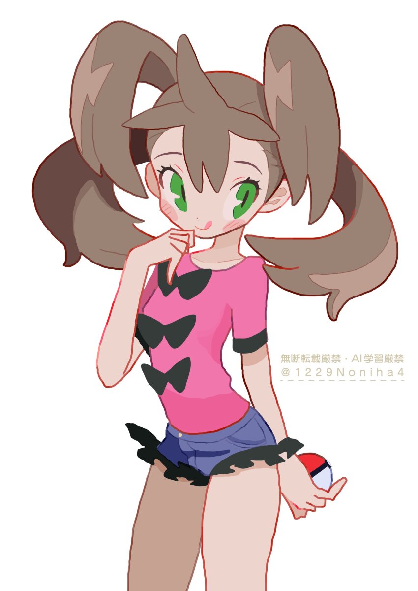 1girl :q absurdres black_bow blue_shorts blush bow brown_hair commentary creatures_(company) game_freak green_eyes hair_between_eyes highres holding holding_poke_ball long_hair nintendo noniha pink_shirt poke_ball poke_ball_(basic) pokemon pokemon_xy shauna_(pokemon) shirt short_shorts short_sleeves shorts simple_background solo tongue tongue_out white_background