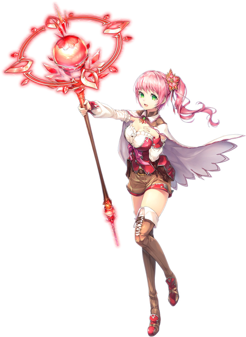 1girl artist_request bad_source belt breasts cape cleavage flower full_body game_cg hair_flower hair_ornament highres holding holding_staff mage_staff official_art open_mouth pink_eyes pink_hair ponytail ryuin staff third-party_source transparent_background unitia