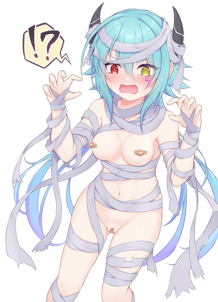 absurdres alternate_costume anna_(princess_connect!) aqua_hair bandages bandaid bandaid_on_pussy bandaids_on_nipples black_horns breasts claw_pose covered_erect_nipples crotch demon_horns facial_mark heterochromia highres horns long_hair looking_down medium_breasts mummy_costume naked_bandage navel panicking pasties princess_connect! red_eyes saisyuusensi sidelocks simple_background wardrobe_malfunction white_background yellow_eyes