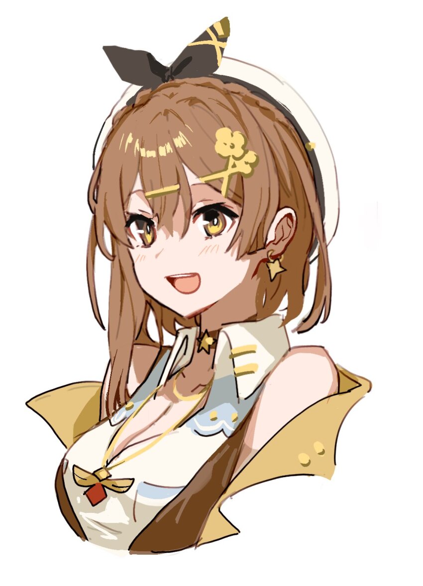 1girl :d atelier_(series) atelier_ryza atelier_ryza_3 bare_shoulders beret braid breasts brown_eyes brown_hair choker cleavage commentary_request crown_braid earrings hair_between_eyes hair_ornament hairclip hat highres jewelry large_breasts le21day looking_at_viewer open_mouth reisalin_stout shirt short_hair simple_background smile solo star_(symbol) star_choker upper_body white_background white_shirt x_hair_ornament