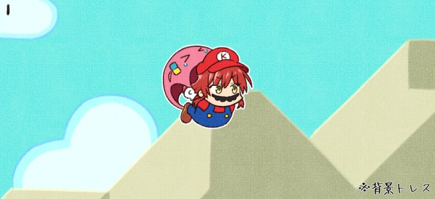 &gt;_&lt; blue_overalls brown_footwear cape cape_mario cosplay facial_hair gloves gotoh_hitori gotoh_hitori_(octopus) green_eyes hair_ornament hat japanese_text kita_ikuyo mario mario_(cosplay) mario_(series) mustache nintendo overalls red_hair red_hat red_shirt shirt super_mario_world umino-maguro white_gloves