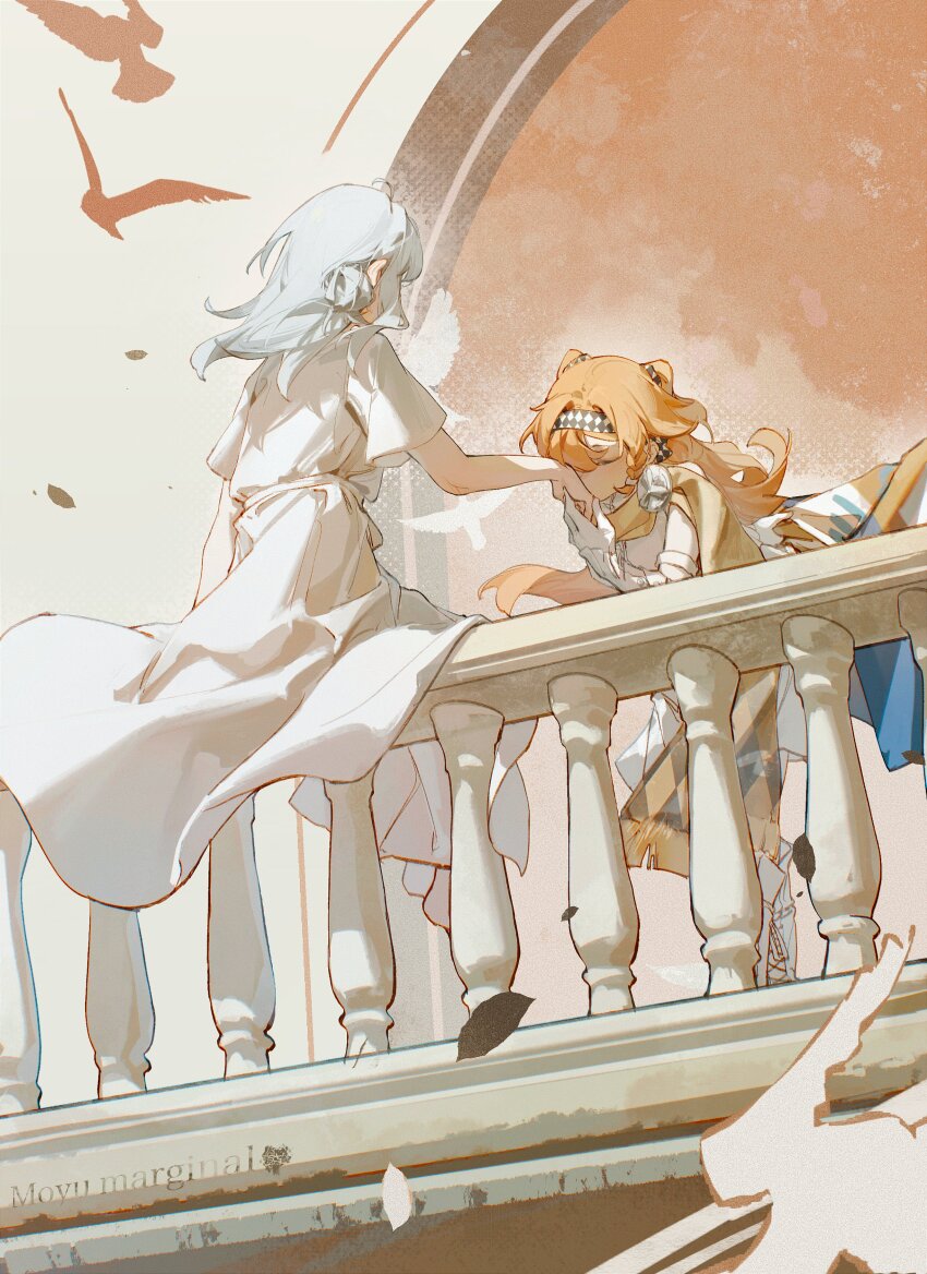 2girls absurdres bird character_request closed_eyes dress faceless faceless_female highres kissing_hand long_hair moyu_marginal multiple_girls orange_hair railing reverse:1999 simple_background sitting white_hair