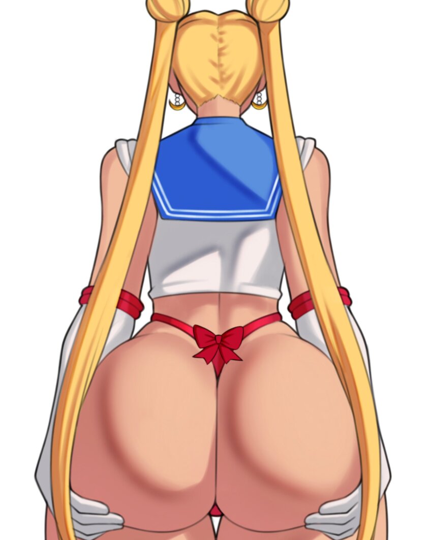 1girl ass bishoujo_senshi_sailor_moon blonde_hair commentary double_bun earrings english_commentary from_behind hair_bun highres huge_ass jakuson_z jewelry sailor_moon simple_background solo standing thong tsukino_usagi twintails