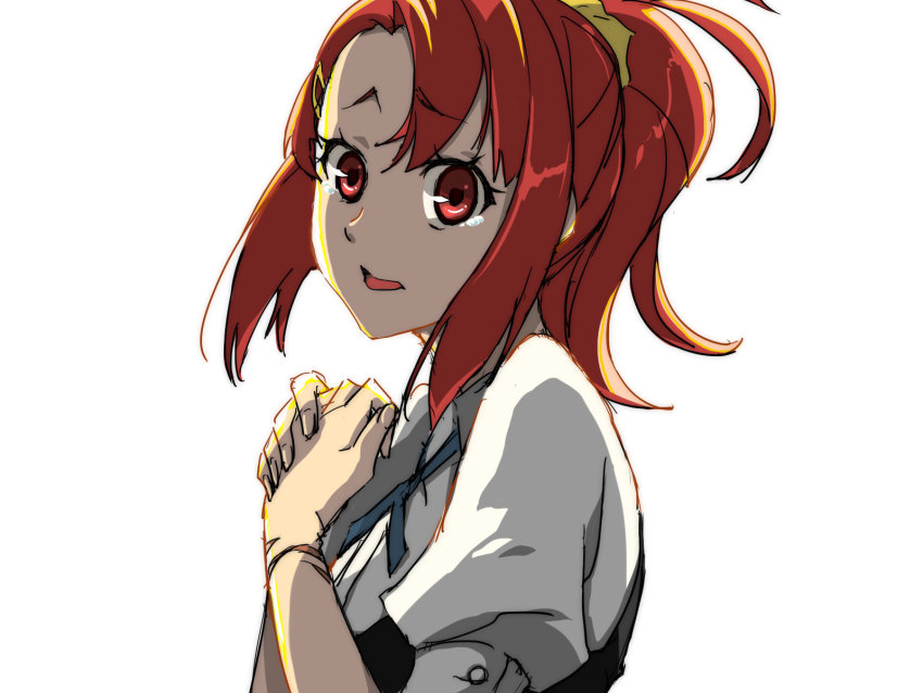 1girl blue_ribbon chiharu_(9654784) female_focus from_side highres kiznaiver looking_at_viewer neck_ribbon open_mouth own_hands_together red_eyes red_hair ribbon shirt short_hair short_sleeves simple_background solo takashiro_chidori upper_body white_background white_shirt