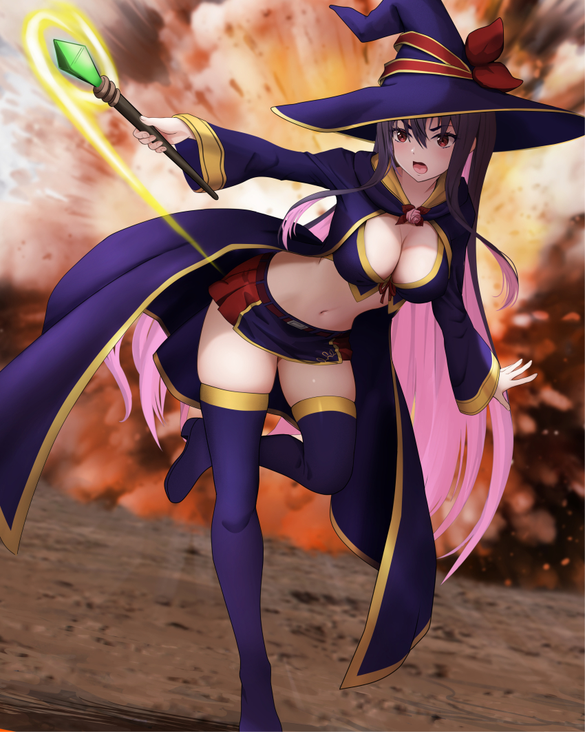 1girl absurdres breasts brown_hair cape character_request copyright_request gibun_(sozoshu) hat highres large_breasts long_hair multicolored_hair navel pencil_skirt pink_hair red_eyes skirt solo thighhighs two-tone_hair very_long_hair wand witch_hat