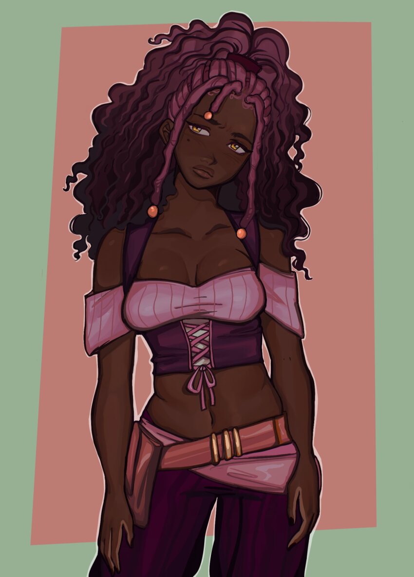 1girl breasts cleavage commentary commission contrapposto cowboy_shot dark-skinned_female dark_skin dreadlocks english_commentary frown head_tilt highres lips lynn6thorex medium_breasts midriff mole mole_under_eye navel original ponytail purple_hair solo very_dark_skin yellow_eyes