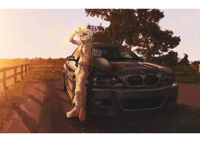 1girl absurdres animal_ears aqua_hair blue_archive bmw bmw_3_series bmw_e46 breasts car commentary_request grey_car halo highres jacket korean_commentary long_sleeves looking_at_viewer motor_vehicle nougat_(no_9ada) outdoors pants photo_background purple_halo shigure_(blue_archive) shoes short_hair sneakers solo sports_car tail track_jacket track_pants tree weasel_ears weasel_tail white_footwear white_jacket