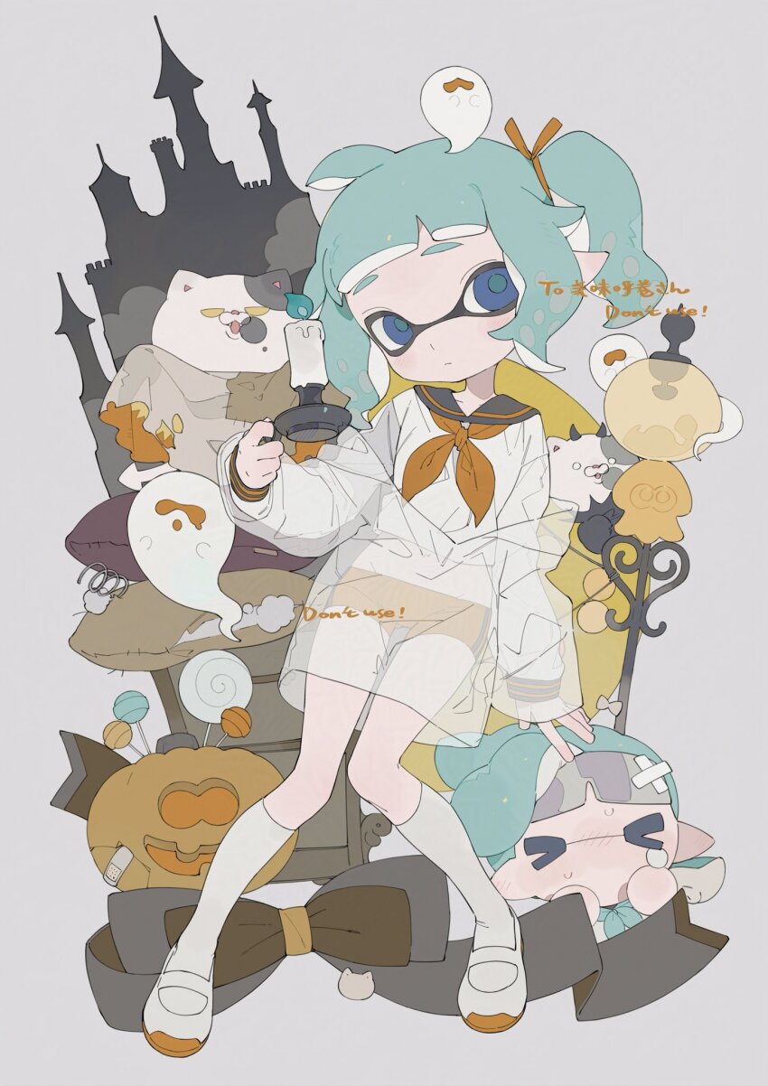 1girl ahoge black_sailor_collar blue_eyes blue_hair candle candlestand closed_mouth crop_top full_body ghost gomi20021021 grey_background hair_ribbon highres holding_candle_stand inkling inkling_girl inkling_player_character jacket judd_(splatoon) kneehighs li&#039;l_judd_(splatoon) long_sleeves midriff navel neckerchief nintendo orange_neckerchief orange_ribbon orange_shorts pointy_ears ribbon sailor_collar sailor_shirt see-through_clothes see-through_jacket shirt shoes short_hair short_twintails shorts socks solo splatoon_(series) standing tentacle_hair twintails uwabaki watermark white_jacket white_shirt white_socks