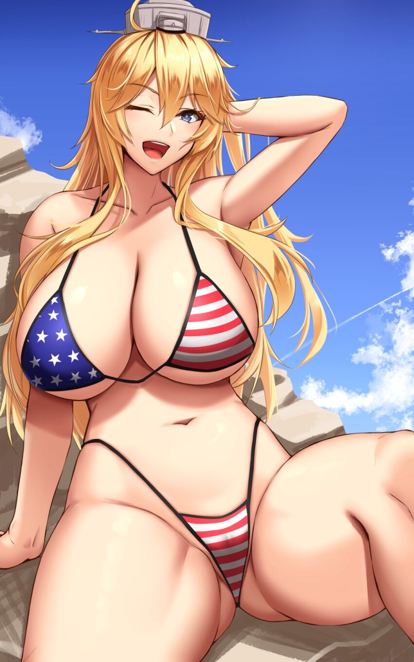 1girl akitsuki_karasu american_flag american_flag_bikini american_flag_print beach bikini blonde_hair blue_eyes blue_sky blush breasts cleavage cloud collarbone cumulonimbus_cloud day flag_print hair_between_eyes hat headgear highres hot iowa_(kancolle) kantai_collection large_breasts long_hair looking_at_viewer navel ocean one_eye_closed open_mouth outdoors print_bikini print_swimsuit sand sky smile solo star-shaped_pupils star_(symbol) summer sunlight swimsuit symbol-shaped_pupils water