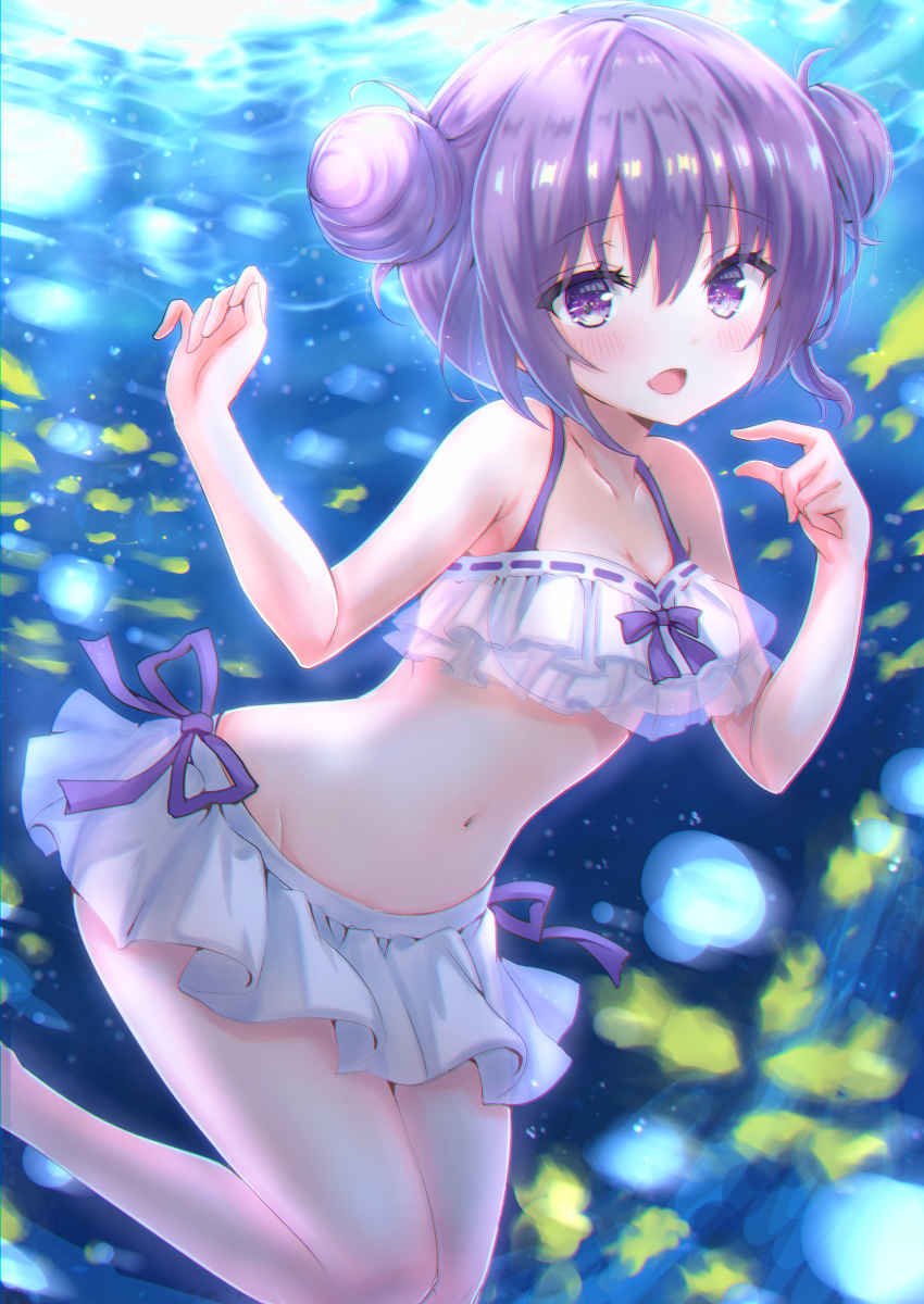 1girl :d absurdres bare_arms bare_legs bare_shoulders bikini bikini_skirt blush breasts cleavage collarbone commentary_request double_bun fish freediving frilled_bikini frills gochuumon_wa_usagi_desu_ka? groin hands_up highres long_hair looking_at_viewer navel open_mouth purple_eyes purple_hair sakuraume small_breasts smile solo stomach swimsuit tedeza_rize thighs underwater water white_bikini