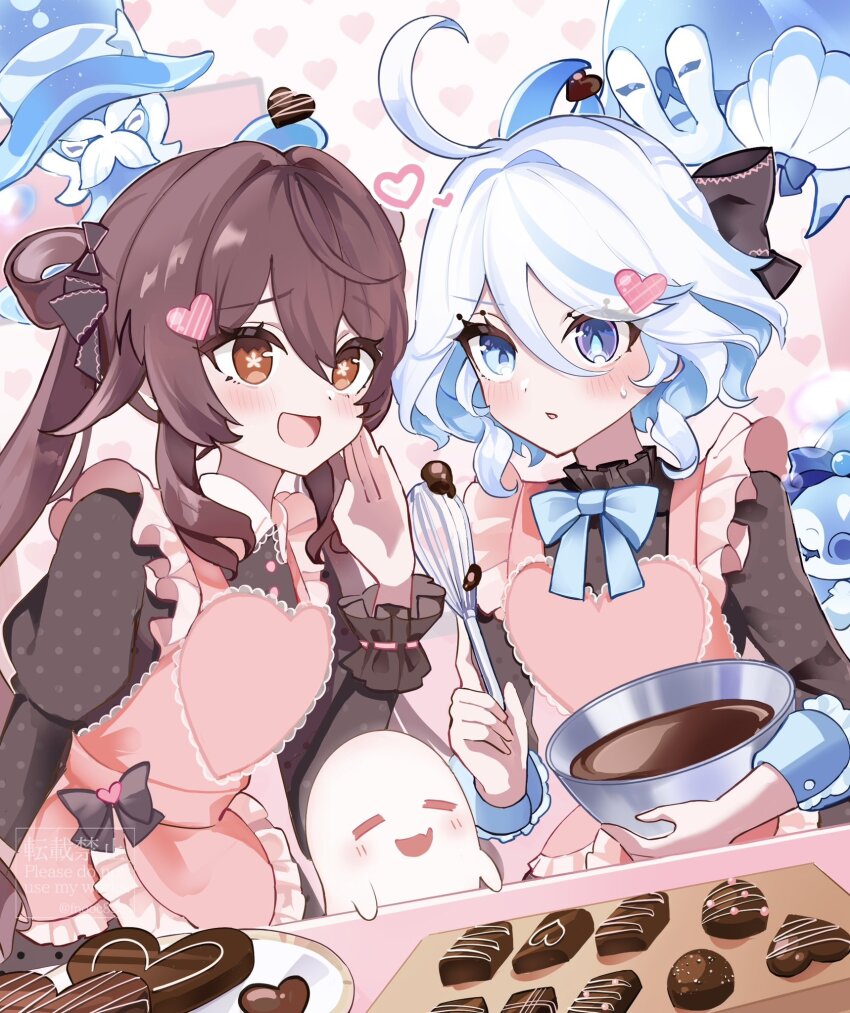 2girls ahoge alternate_costume apron blue_eyes blue_hair blue_pupils blush boo_tao_(genshin_impact) bowl brown_dress brown_hair candy chaena_(exmd3552) chocolate chocolate_bar chocolate_heart commentary_request dress drop-shaped_pupils flower-shaped_pupils food frilled_apron frills furina_(genshin_impact) genshin_impact gentilhomme_usher hair_between_eyes hair_ornament hand_up heart heart-shaped_food heart_hair_ornament heterochromia highres holding holding_bowl holding_chocolate holding_food holding_whisk hu_tao_(genshin_impact) long_hair long_sleeves mademoiselle_crabaletta medium_hair mixing_bowl multiple_girls open_mouth parted_lips pink_apron polka_dot polka_dot_dress red_eyes small_sweatdrop surintendante_chevalmarin symbol-shaped_pupils twintails very_long_hair whisk white_hair