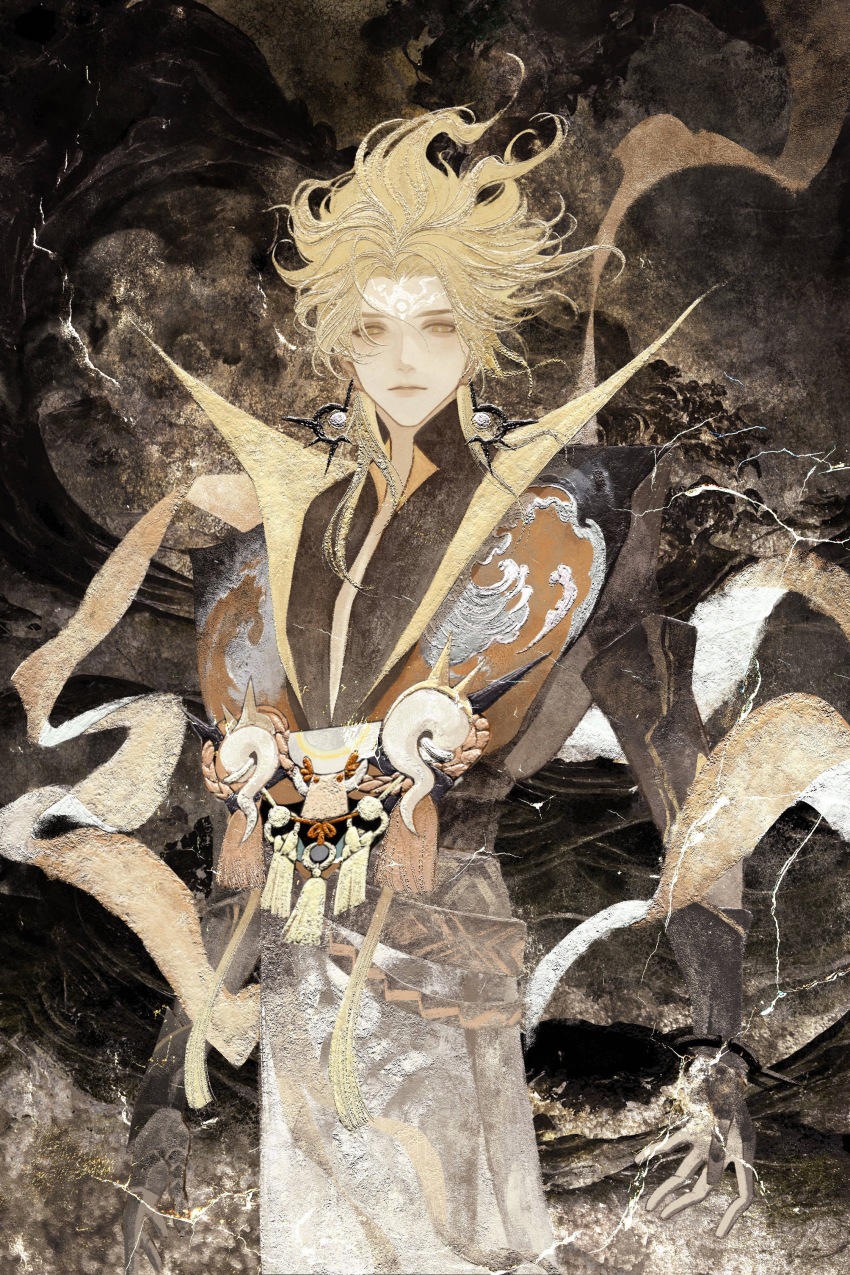 1boy absurdres bishounen black_gloves blonde_hair calendulamew closed_mouth coat cowboy_shot earrings elbow_gloves facial_mark floating_earring floating_hair gloves highres japanese_clothes jewelry lips long_hair looking_at_viewer male_focus onmyoji orochi_(onmyoji) solo tassel yellow_eyes