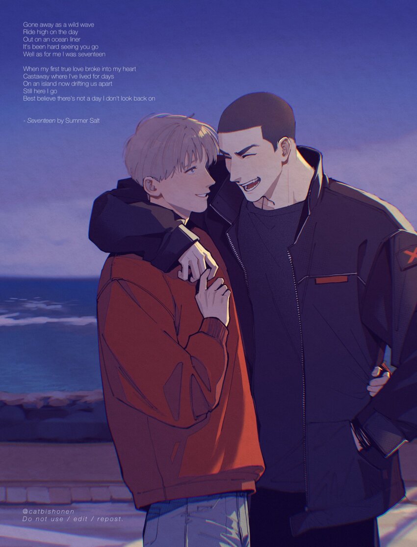 2boys adam_parrish arm_around_waist arms_around_neck bishounen black_hair black_jacket blonde_hair blue_eyes buzz_cut catbishonen closed_eyes couple cowboy_shot english_text freckles hand_in_pocket highres holding_another&#039;s_finger jacket looking_at_another lyrics male_focus multiple_boys night ocean outdoors red_sweater ronan_lynch short_hair smile sweater the_raven_cycle very_short_hair yaoi