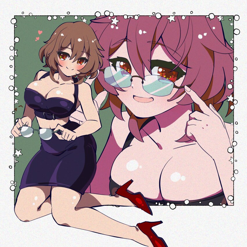 1girl absurdres alternate_breast_size black_skirt blush breasts brown_eyes brown_hair cleavage clio_aite closed_mouth collarbone glasses high_heels highres holding holding_removed_eyewear ichi_orgin indie_virtual_youtuber large_breasts navel open_mouth red_footwear second-party_source short_hair skirt smile unworn_eyewear virtual_youtuber