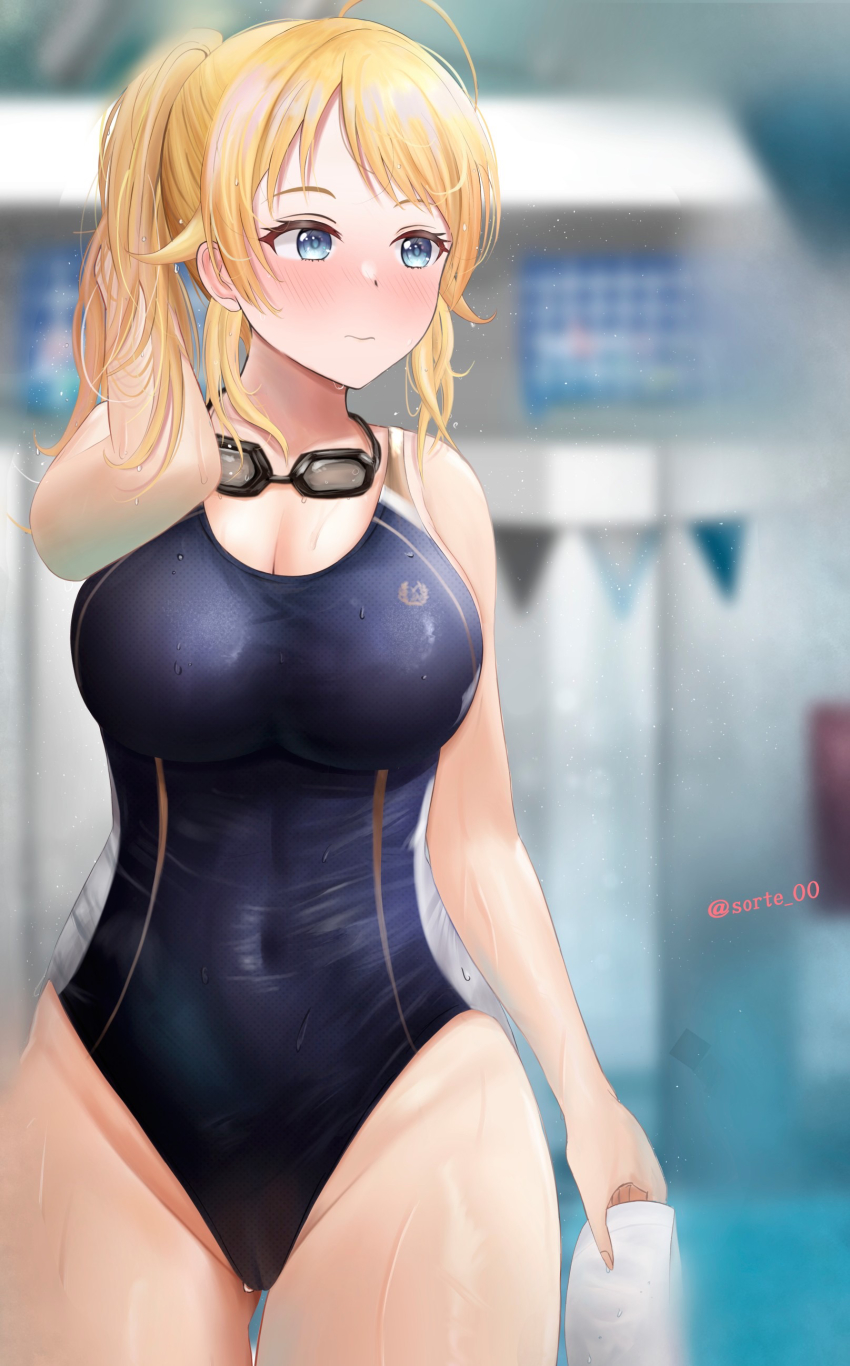 1girl absurdres ahoge black_one-piece_swimsuit blonde_hair blue_eyes blurry blurry_background blush breasts commentary_request competition_swimsuit covered_navel cowboy_shot goggles goggles_around_neck hachimiya_meguru highres idolmaster idolmaster_shiny_colors indoors izumi_sorute large_breasts long_hair looking_to_the_side low_twintails nose_blush one-piece_swimsuit ponytail solo string_of_flags unworn_swim_cap swimsuit twintails