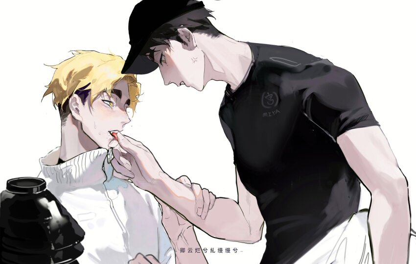 2boys anger_vein baseball_cap black_hair black_hat black_shirt blonde_hair blush brothers brown_eyes haikyuu!! hand_on_another&#039;s_chin hat highres hood hoodie incest long_sleeves looking_at_another male_focus miya_atsumu miya_osamu multiple_boys qingyun shirt short_hair short_sleeves siblings simple_background sweatdrop tongue tongue_out white_background white_hoodie yaoi yellow_eyes