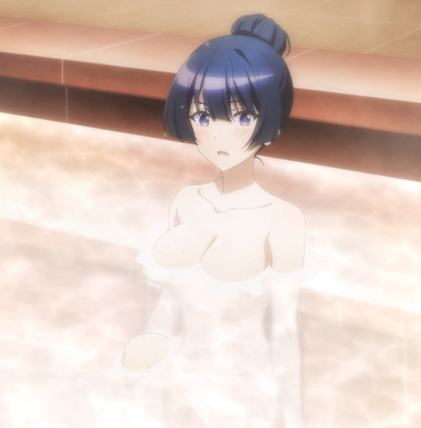 1girl absurdres anime_screenshot bath bathing bathroom blue_hair blush breasts collarbone completely_nude hair_bun highres large_breasts nude partially_submerged purple_eyes spy_kyoushitsu stitched thea_(spy_kyoushitsu) third-party_edit water