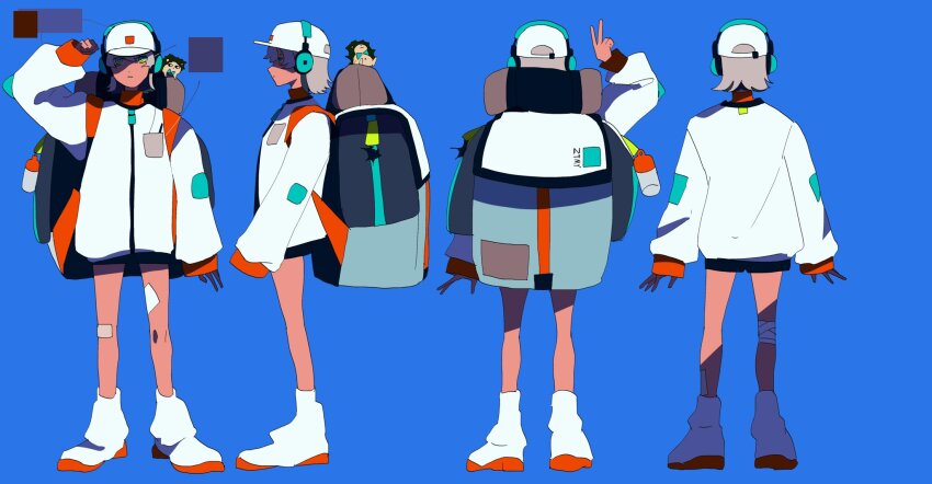 2boys 4girls anime_coloring ankle_boots arm_at_side arms_at_sides backpack bag bandaged_knees bandaid bandaid_on_knee bandaid_on_leg baseball_cap black_outline black_shorts boots bow bowtie breast_pocket bright_pupils brown_fur collar color_guide commentary_request concept_art contrast_collar dark-skinned_female dark_skin dual_persona expressionless facing_away facing_to_the_side facing_viewer from_behind from_side full_body green_bow green_bowtie green_eyes green_headphones grey_hair hat headphones hedgehog hedgehog_boy highres jacket jpeg_artifacts jyagaricoeater large_bag legs_apart long_sleeves looking_at_viewer multicolored_bag multiple_boys multiple_girls multiple_views nira-chan nira-chan_(quilt)_(zutomayo) official_art orange_collar orange_sleeve_cuffs outline partially_shaded_face pocket print_bag print_hat production_art profile puffy_long_sleeves puffy_sleeves quilt_(zutomayo) shaded_face short_hair short_shorts shorts single_sleeve_past_fingers sleeve_cuffs sleeves_past_wrists square_print standing text_print turnaround turtleneck turtleneck_jacket uniguri_(zutomayo) v white_footwear white_hat white_jacket white_pupils white_sleeves zutto_mayonaka_de_ii_no_ni