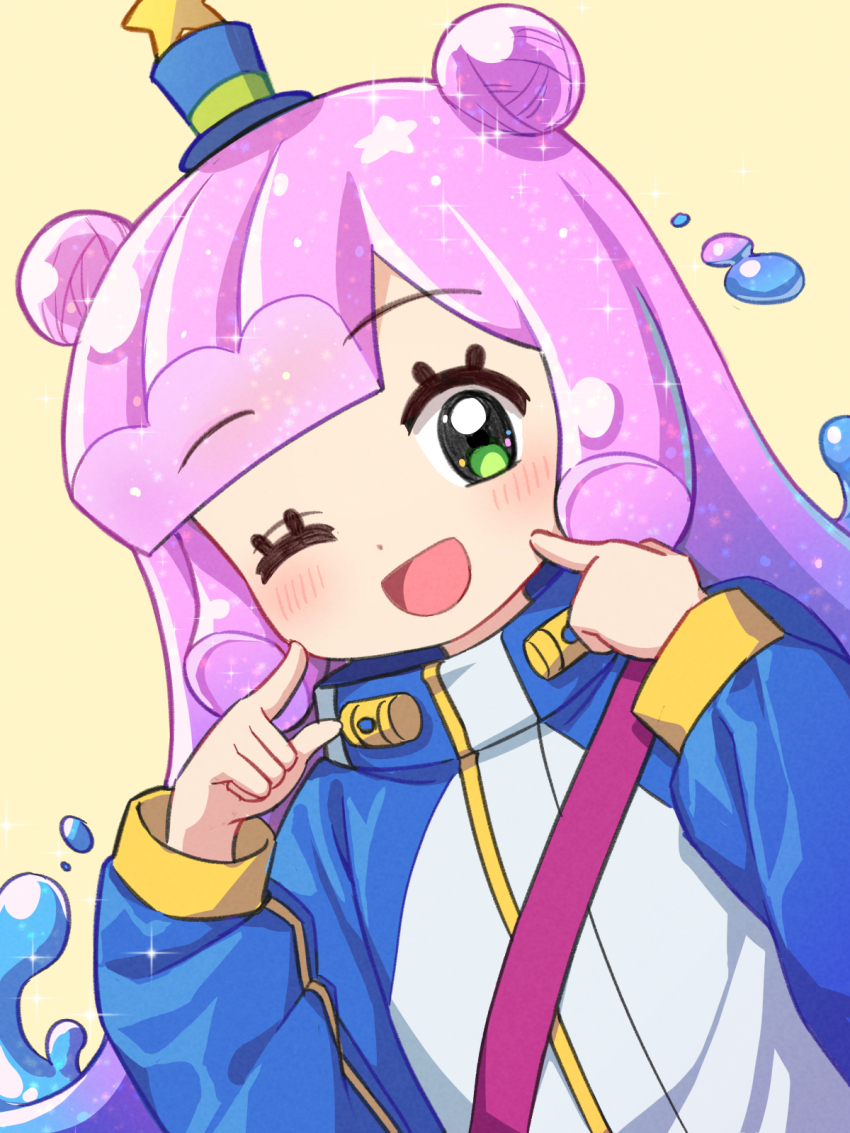 1girl baggy_clothes blue_hair blue_sleeves blunt_bangs blush double_bun gradient_hair green_eyes hair_bun hands_up hat highres index_fingers_raised jacket kapa_draws long_hair long_sleeves looking_at_viewer mini_hat mini_top_hat monster_girl multicolored_hair one_eye_closed open_mouth puniru_(puniru_wa_kawaii_slime) puniru_wa_kawaii_slime purple_hair simple_background slime_girl solo top_hat white_jacket yellow_background