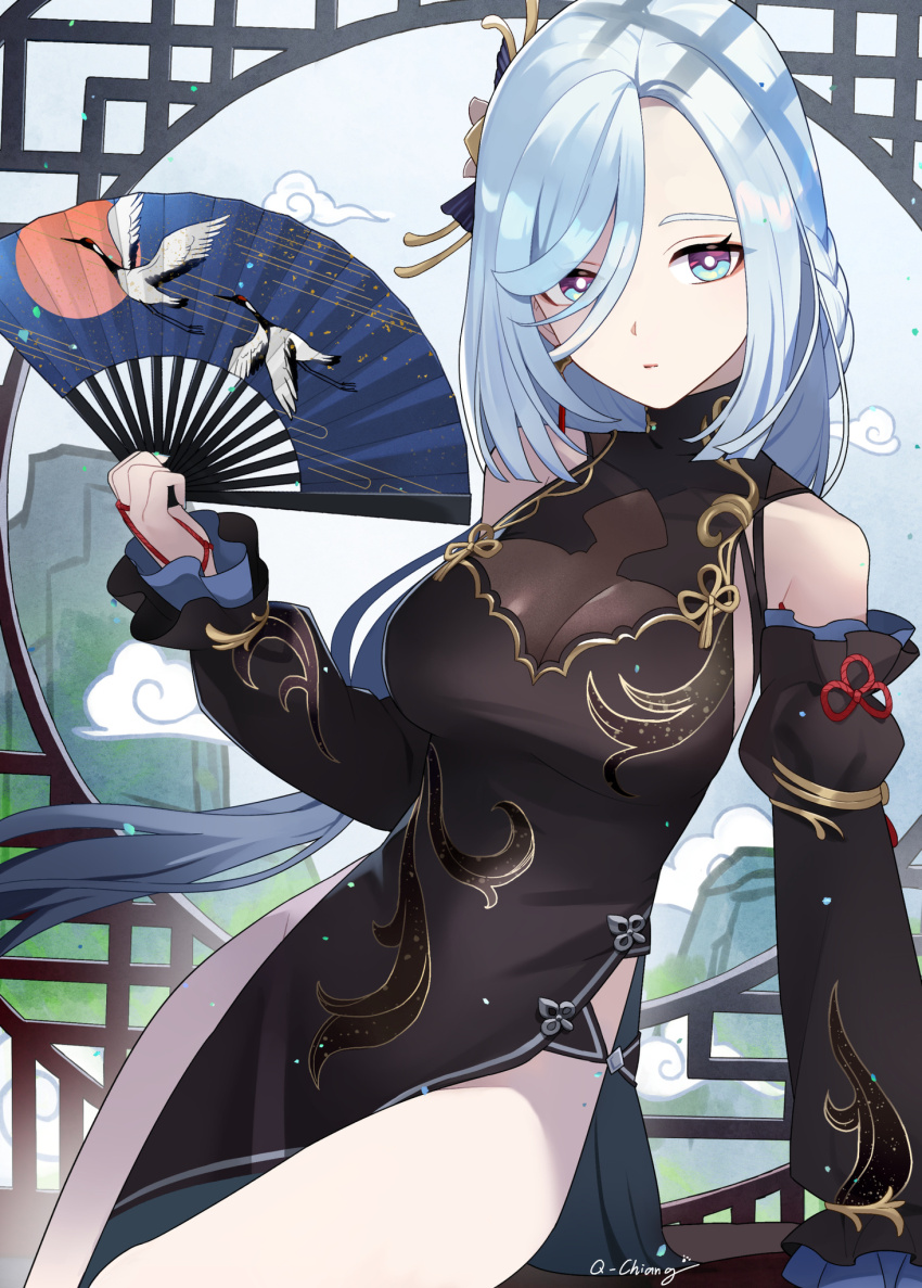 1girl black_dress blue_eyes blue_hair breasts china_dress chinese_clothes cleavage crane_print detached_sleeves dress genshin_impact hair_ornament hand_fan highres large_breasts long_hair looking_at_viewer pelvic_curtain q-chiang see-through_clothes see-through_cleavage shenhe_(frostflower_dew)_(genshin_impact) shenhe_(genshin_impact) side_slit sleeveless sleeveless_dress solo very_long_hair