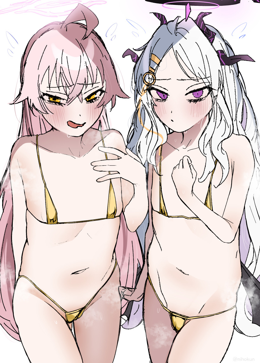 2girls absurdres bikini blue_archive blush breasts closed_mouth demon_girl demon_horns gold_bikini hair_between_eyes hair_ornament hairclip halo hand_on_own_chest highres hina_(blue_archive) horns hoshino_(blue_archive) licking_lips long_hair looking_at_viewer micro_bikini multiple_girls multiple_horns niho12261 parted_bangs pink_hair pink_halo purple_eyes simple_background small_breasts smell smile standing steaming_body swimsuit tongue tongue_out very_long_hair white_background white_hair wings yellow_bikini yellow_eyes