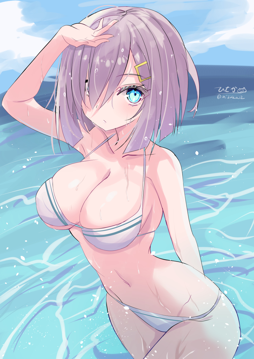 1girl absurdres bikini blue_eyes blue_sky breasts cleavage cloud day grey_hair hair_ornament hair_over_one_eye hairclip hamakaze_(kancolle) highres hizaka horizon kantai_collection large_breasts ocean one-hour_drawing_challenge outdoors short_hair sky solo swimsuit white_bikini