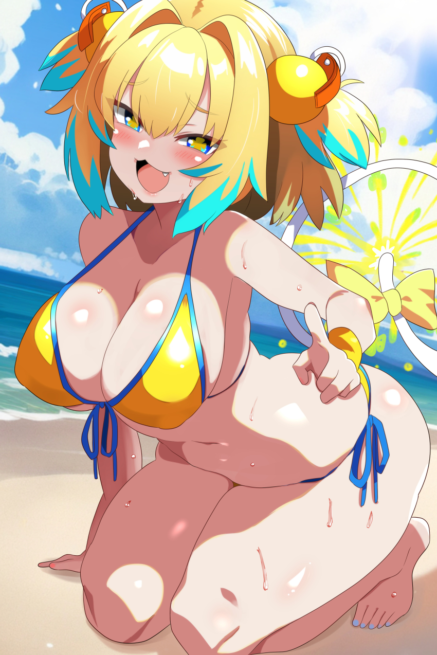 1girl absurdres bare_legs bare_shoulders barefoot beach bell bikini blonde_hair blue_eyes blue_hair blue_sky blush bombergirl breasts cat_tail cleavage cloud cloudy_sky clover-shaped_pupils fang front-tie_bikini_top front-tie_top hair_bell hair_ornament highres igarashi_gozo jingle_bell large_breasts looking_at_viewer multicolored_hair open_mouth outdoors pine_(bombergirl) side-tie_bikini_bottom sky smile solo streaked_hair swimsuit symbol-shaped_pupils tail thick_thighs thighs two_side_up water yellow_bikini