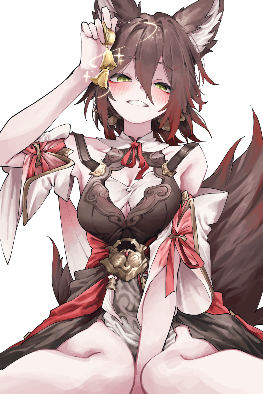 1girl absurdres animal_ear_fluff animal_ears bell black_dress breasts brown_hair chinese_clothes cleavage dress fox_ears fox_girl green_eyes hair_between_eyes highres holding holding_bell honkai:_star_rail honkai_(series) medium_breasts medium_hair simple_background sitting smile solo thighs tingyun_(honkai:_star_rail) vivo_(vivo_sun_0222) wariza white_background